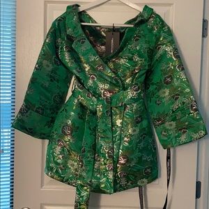 Green floral oriental off the shoulder wrap dress
